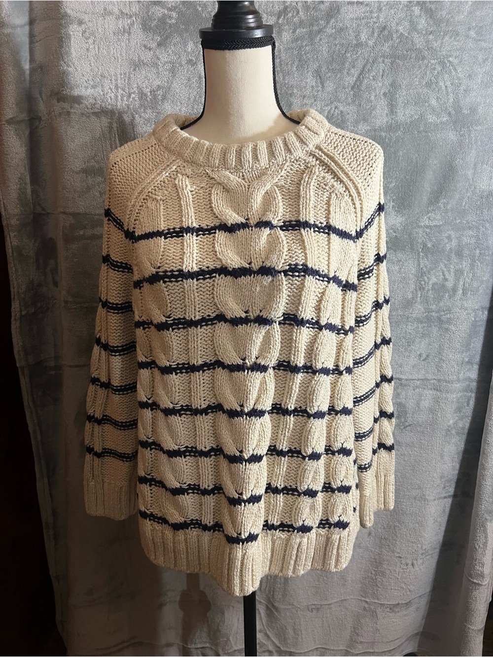 J. Jill Cream Cable Knit Crewneck Sweater with Navy Stripes